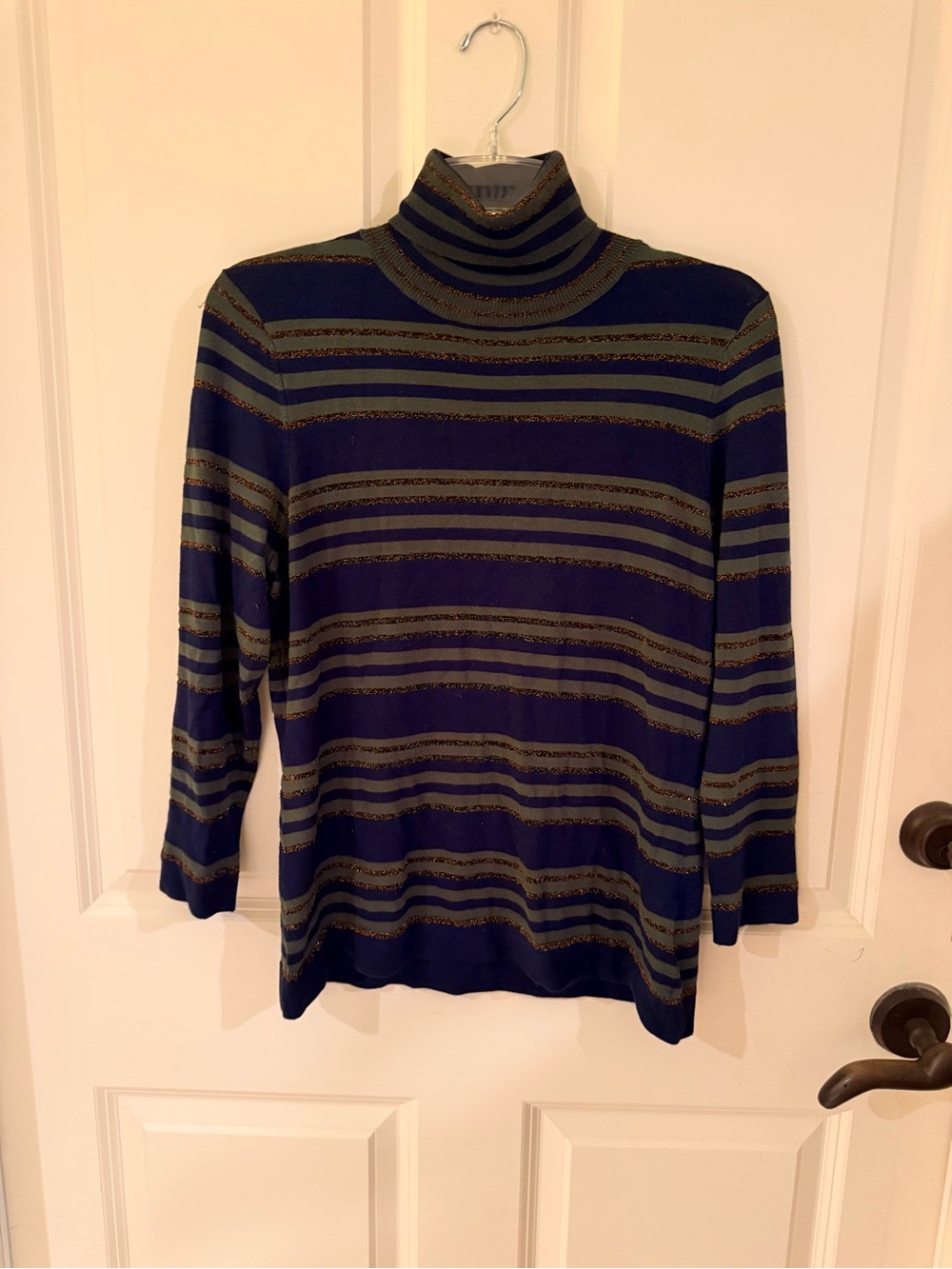 L’AGENCE Striped Turtleneck Sweater in Navy Olive and gold